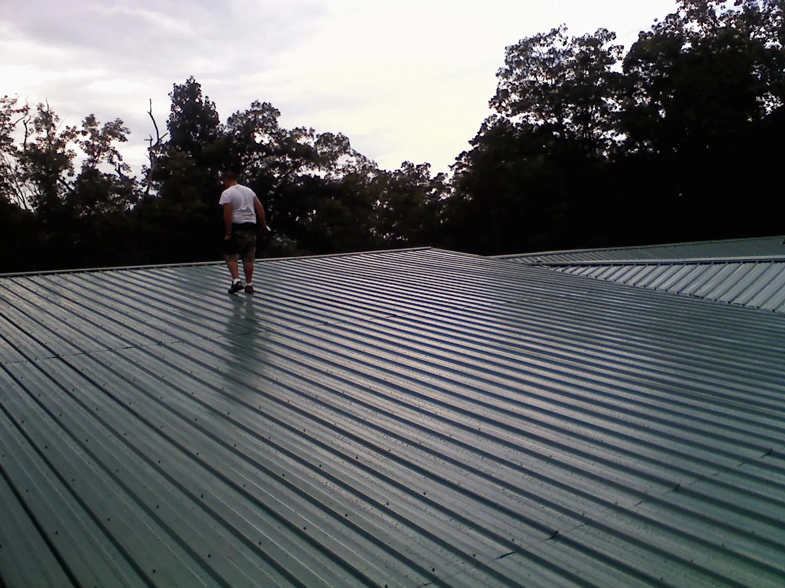 Roofer walking a wide expanse of new green metal roofing in Wrens